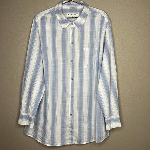 Ava & Viv Tops - AVA & VIV Women's Plus Blue & White Striped 100% Cotton Button-up Shirt Size 3X